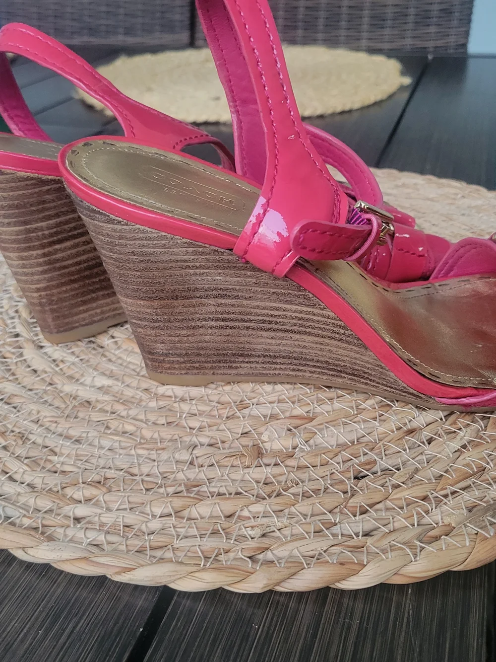 Coach Hot Pink Patent Leather Wedge Sandals